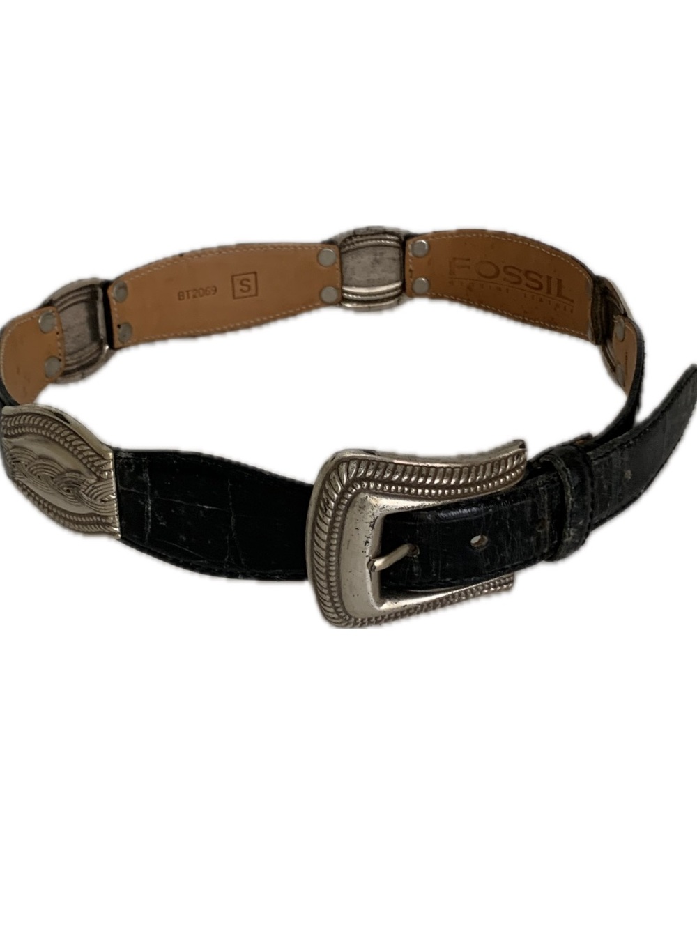 VTG Fossil Leather Western Belt S Black Silver Concho Embossed Croc Cowboy Boho